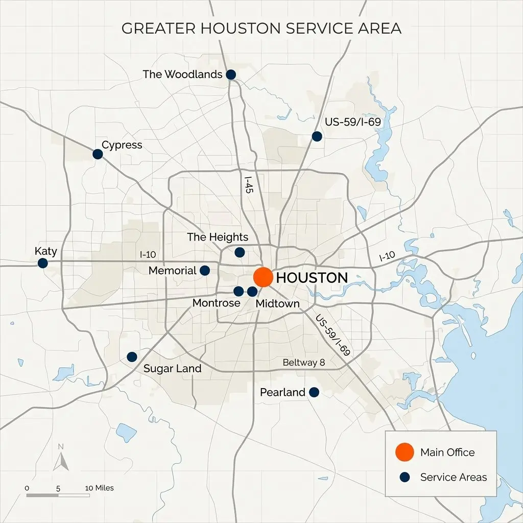 Map of the Greater Houston service area covered by Houston Remodel & Roofing, including Houston, Katy, Sugar Land, The Woodlands, Cypress and Pearland